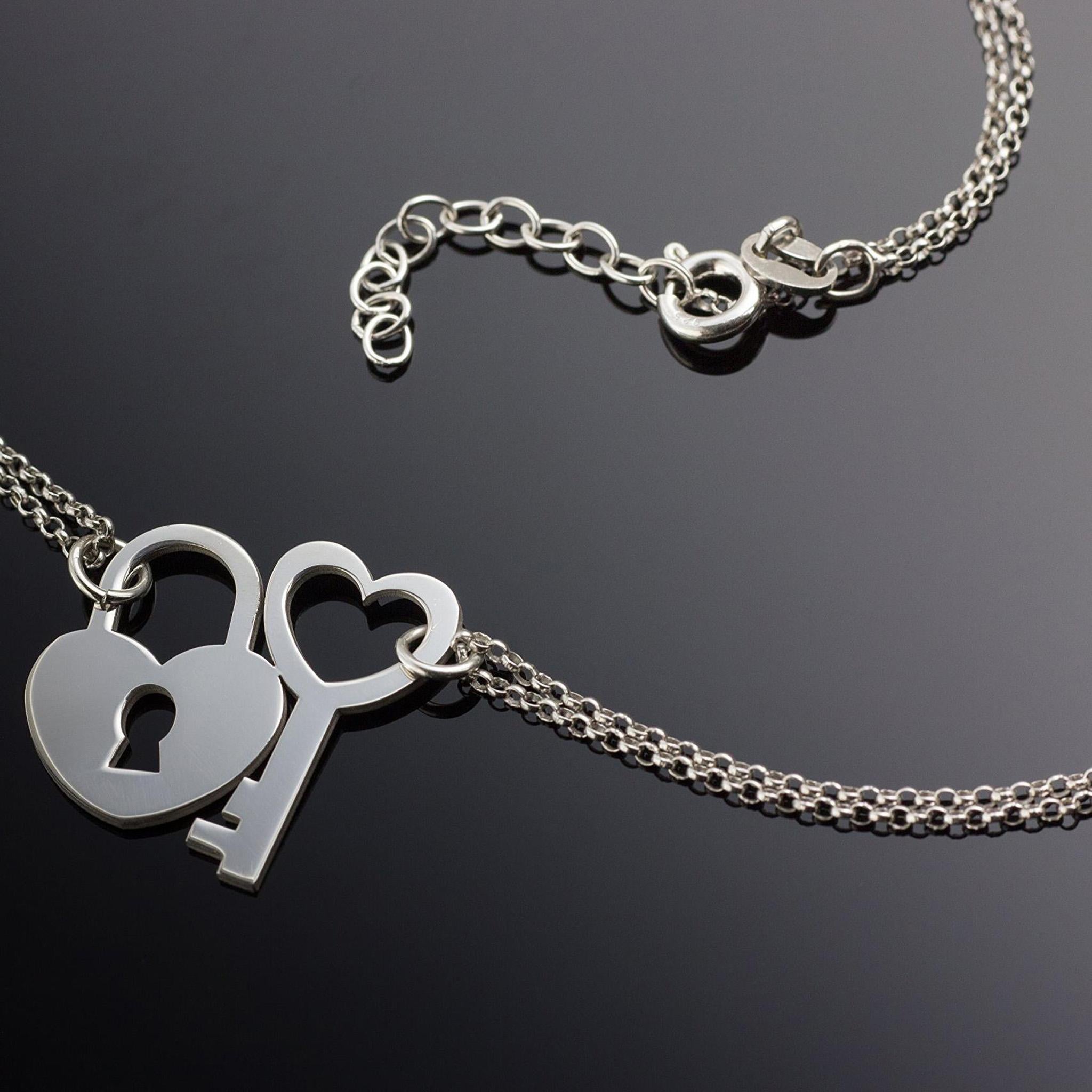 Collana Coppia con Lucchetto e Chiave a Cuore in Argento 925 Rodiato - Aka Gioielli