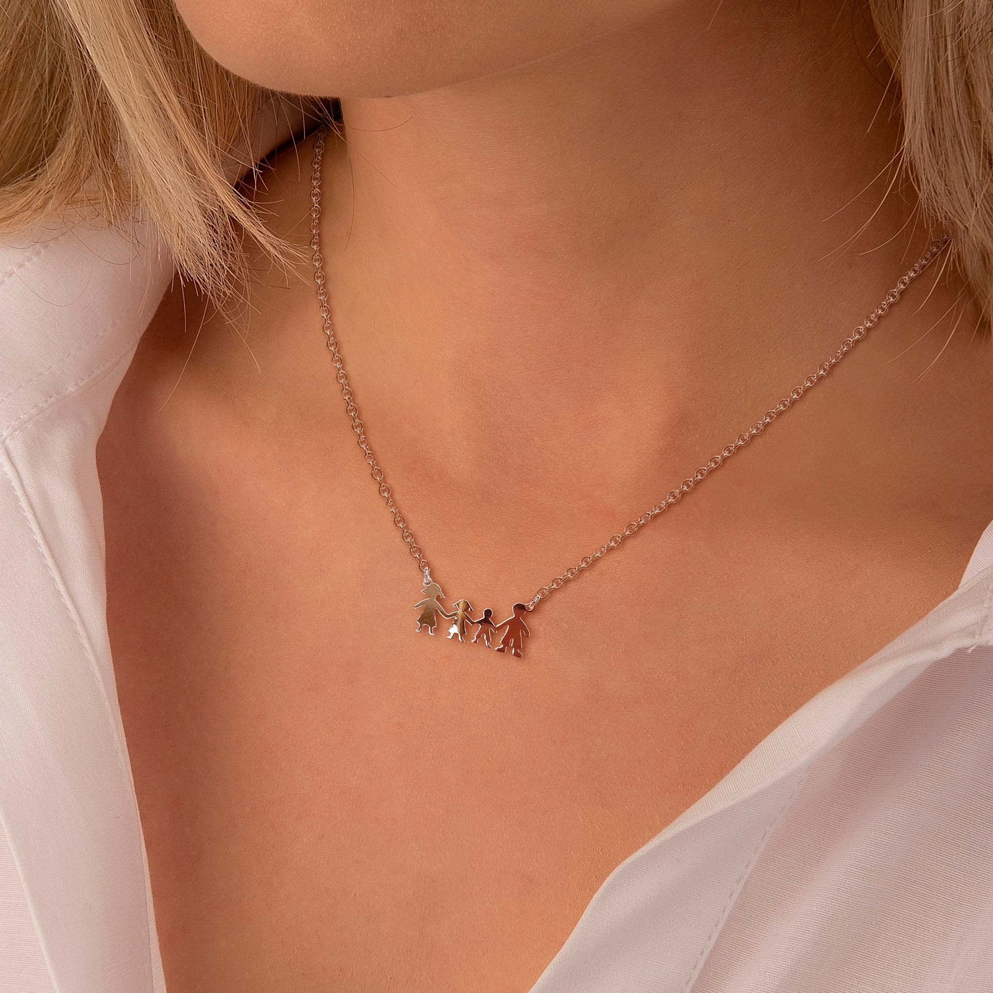 925 Silver Family Necklace 4 People - Mom Dad Son and Daughter