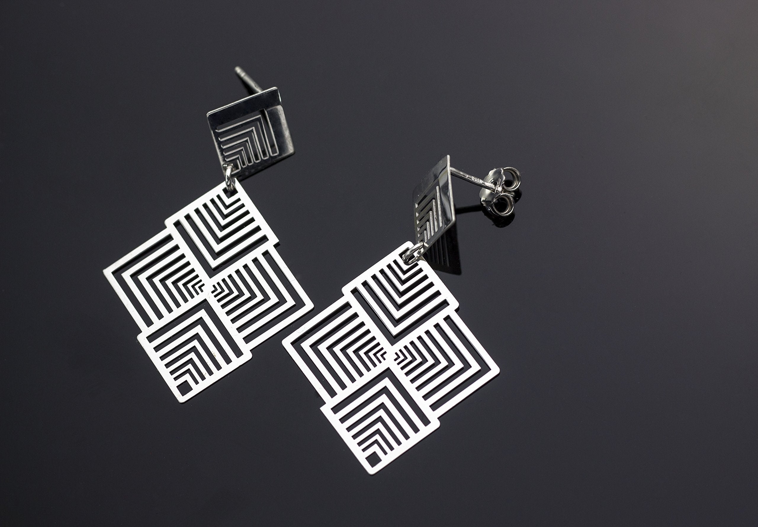 925 Silver Geometric Rhombus and Square Drop Earrings 