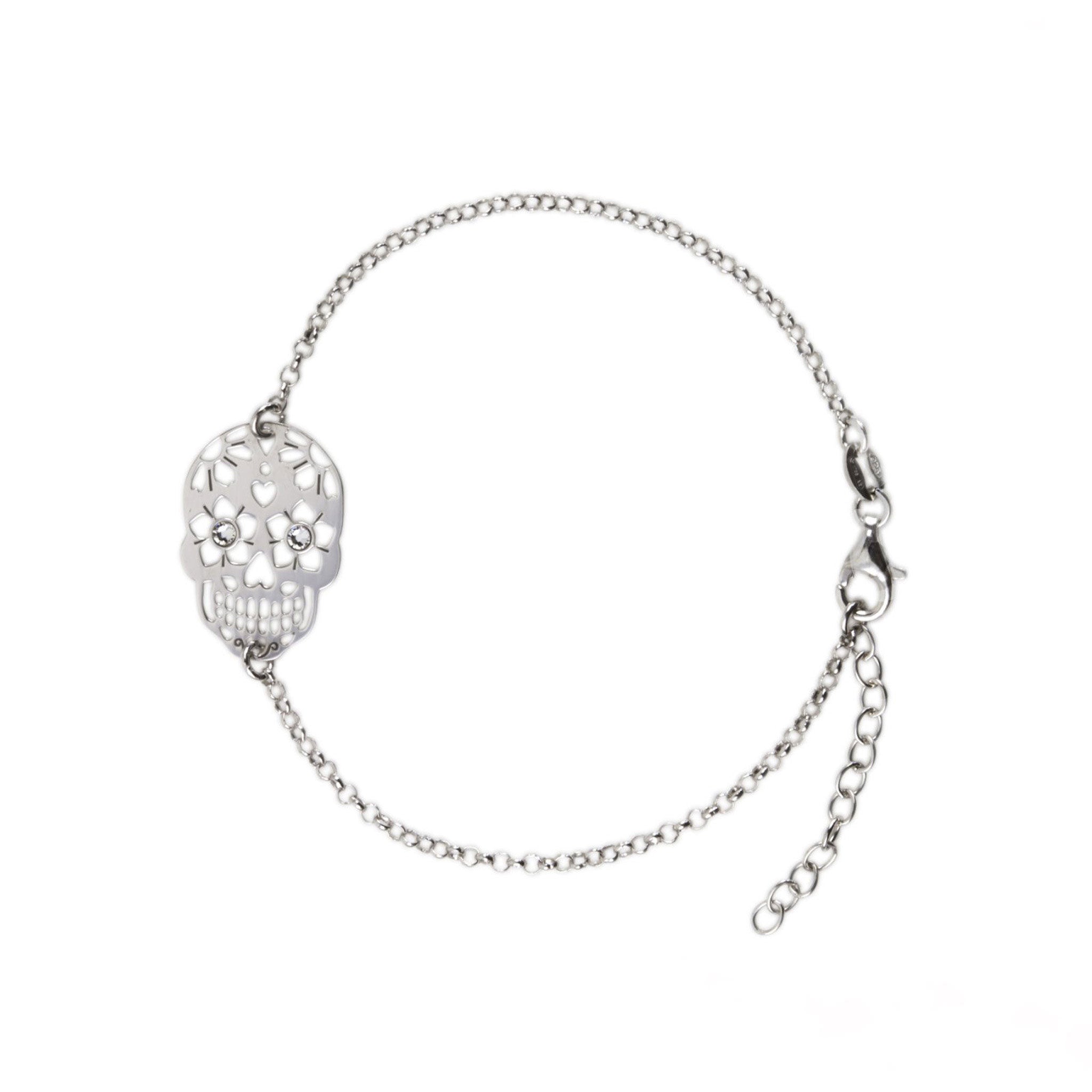 Mexican Skull Pendant Bracelet in Rhodium-Plated 925 Silver