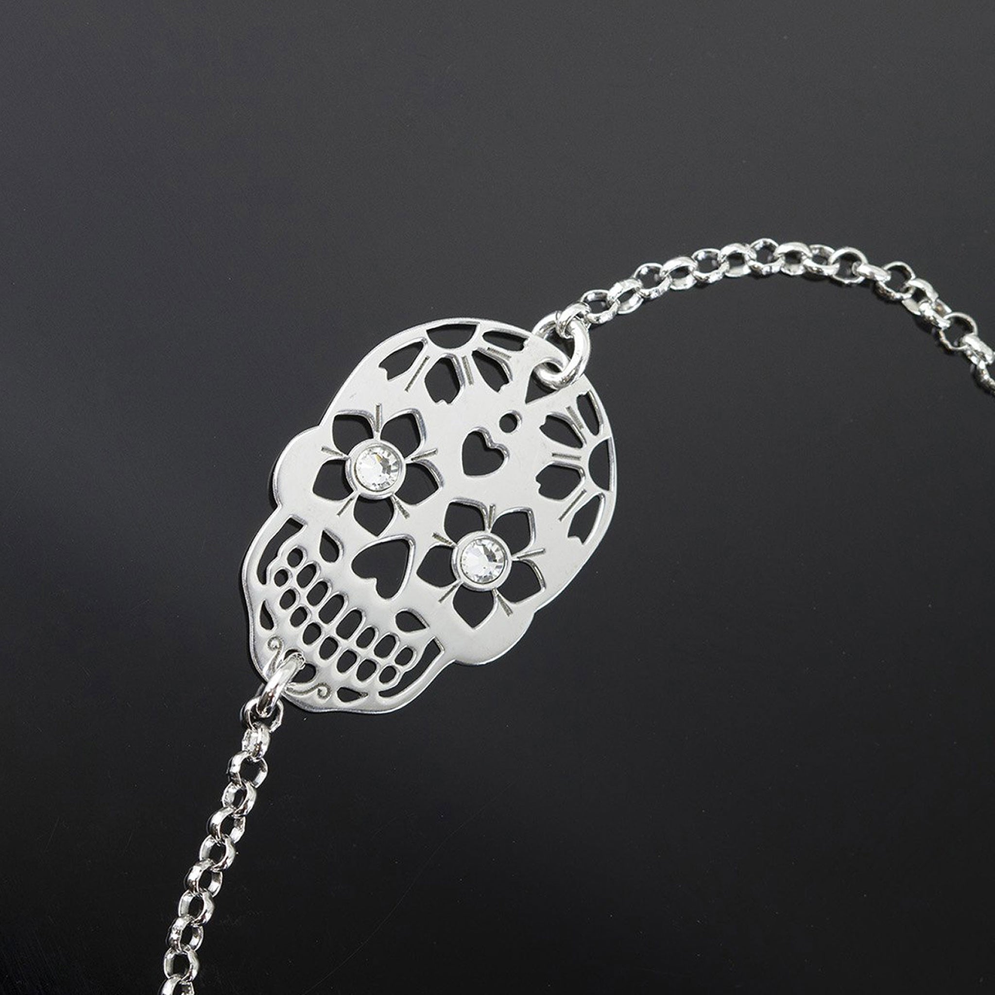 Mexican Skull Pendant Bracelet in Rhodium-Plated 925 Silver