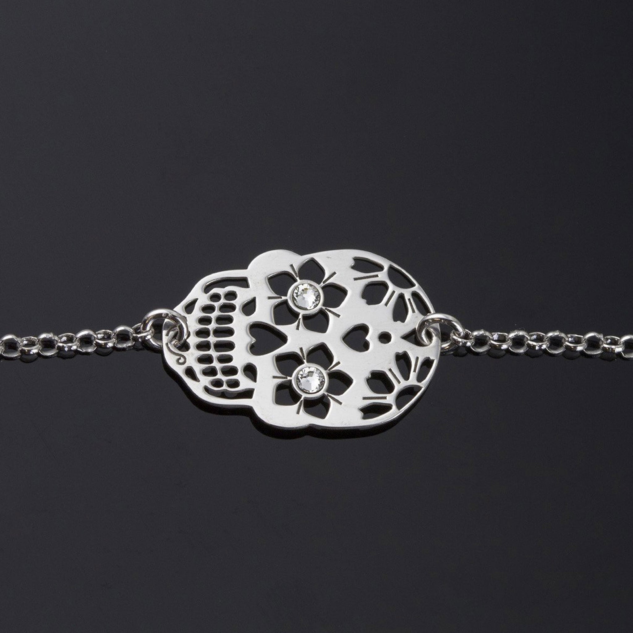 Mexican Skull Pendant Bracelet in Rhodium-Plated 925 Silver