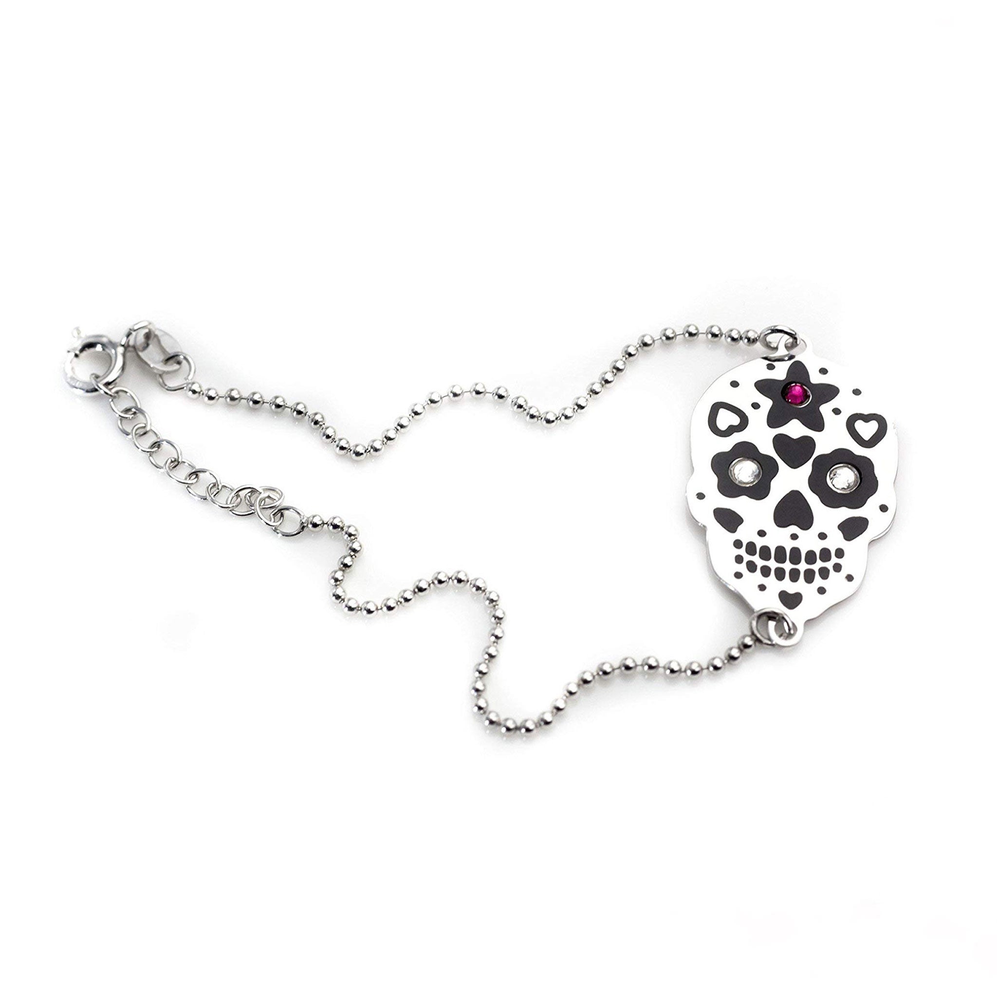 925 Silver Mexican Skull Pendant Bracelet - Black Enamel
