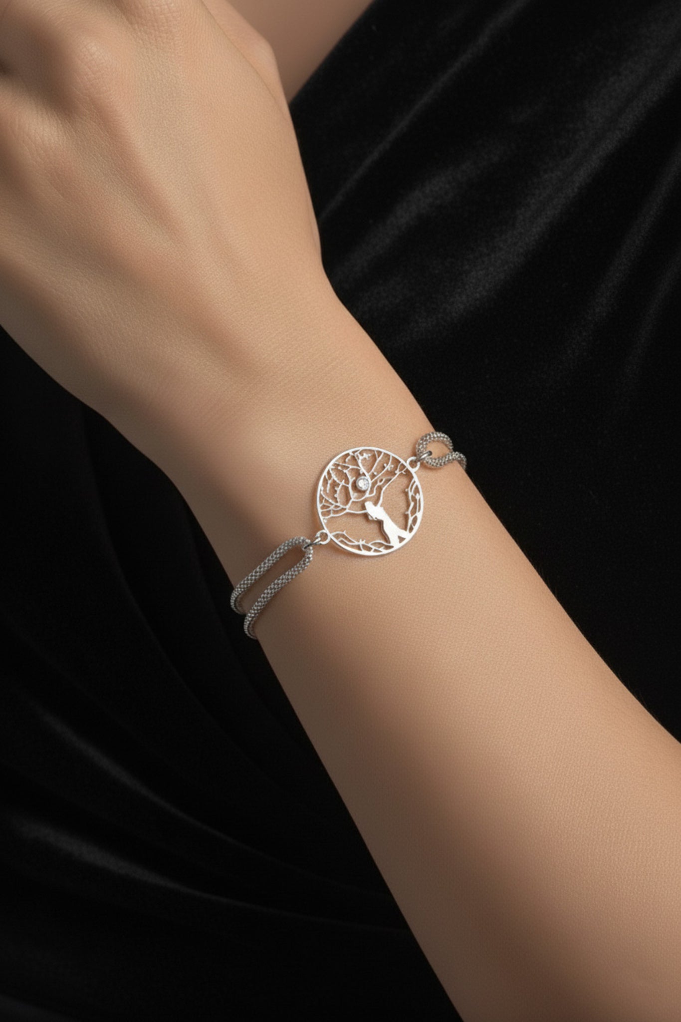 Bracciale Doppio Filo con Albero della Vita in Argento 925 e Cristallo Swarovski