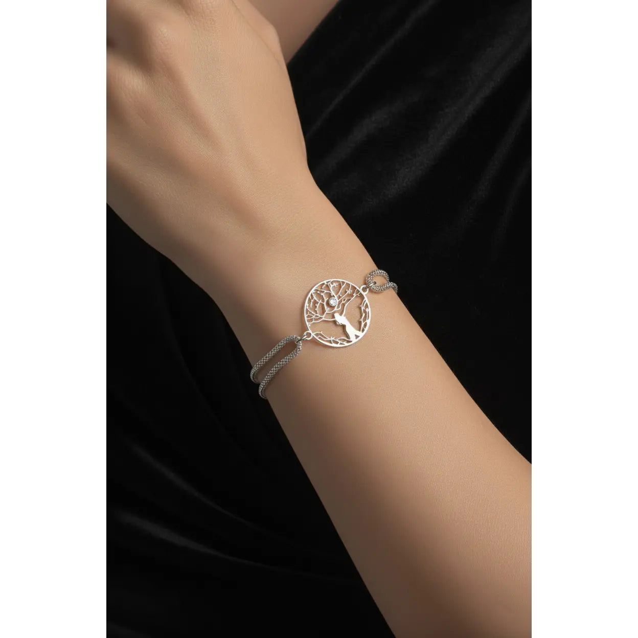 Doppelstrang-Armband mit Lebensbaum aus 925er Silber und Swarovski-Kristall