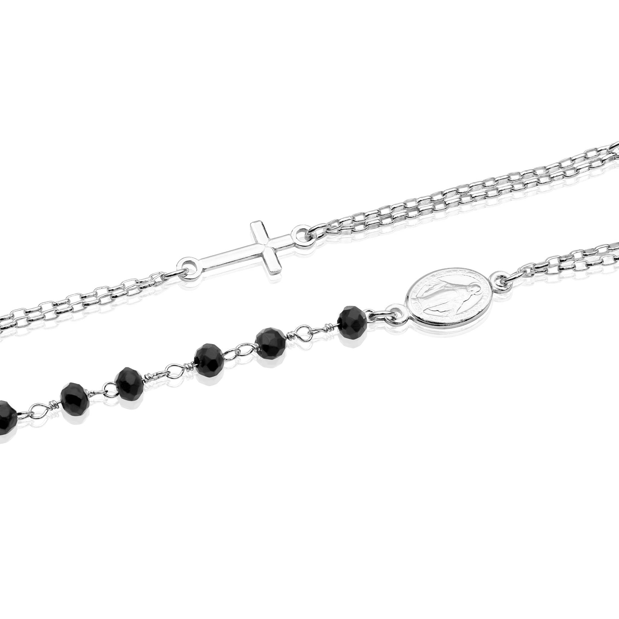 Bracciale Rosario con Cristalli Neri Medaglia Madonna e Croce in Argento 925 - Aka Gioielli