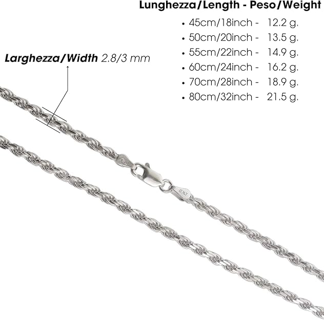 3mm Rope Chain in Rhodium-Plated 925 Silver