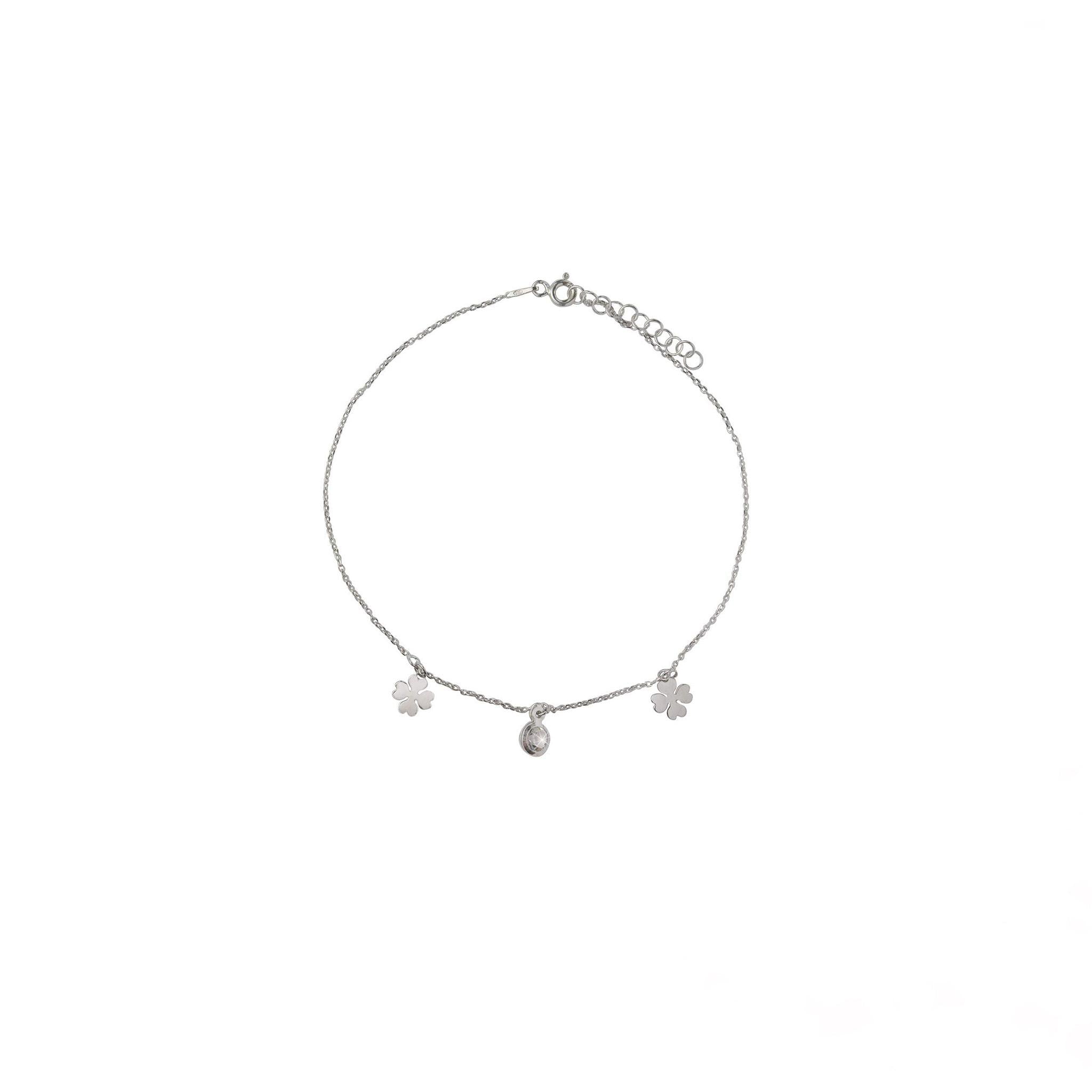 Cavigliera con Quadrifoglio e Zircone in Argento 925 Rodiato - Aka Gioielli