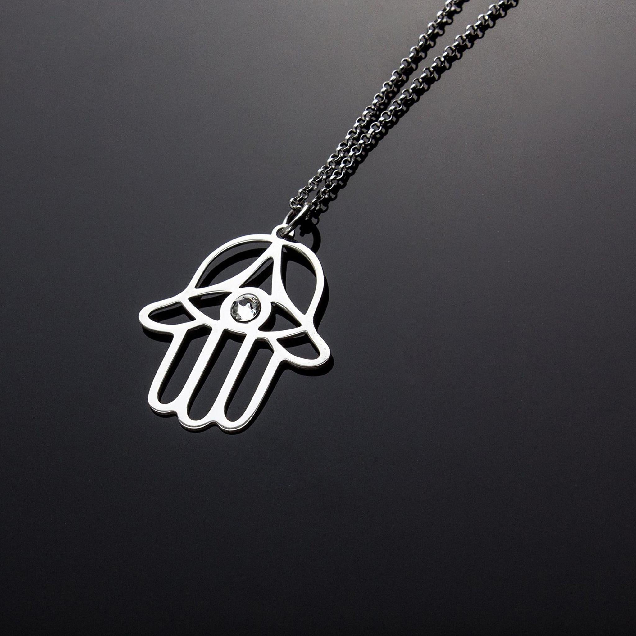 Collana con Mano di Fatima e Cristallo in Argento 925 Rodiato