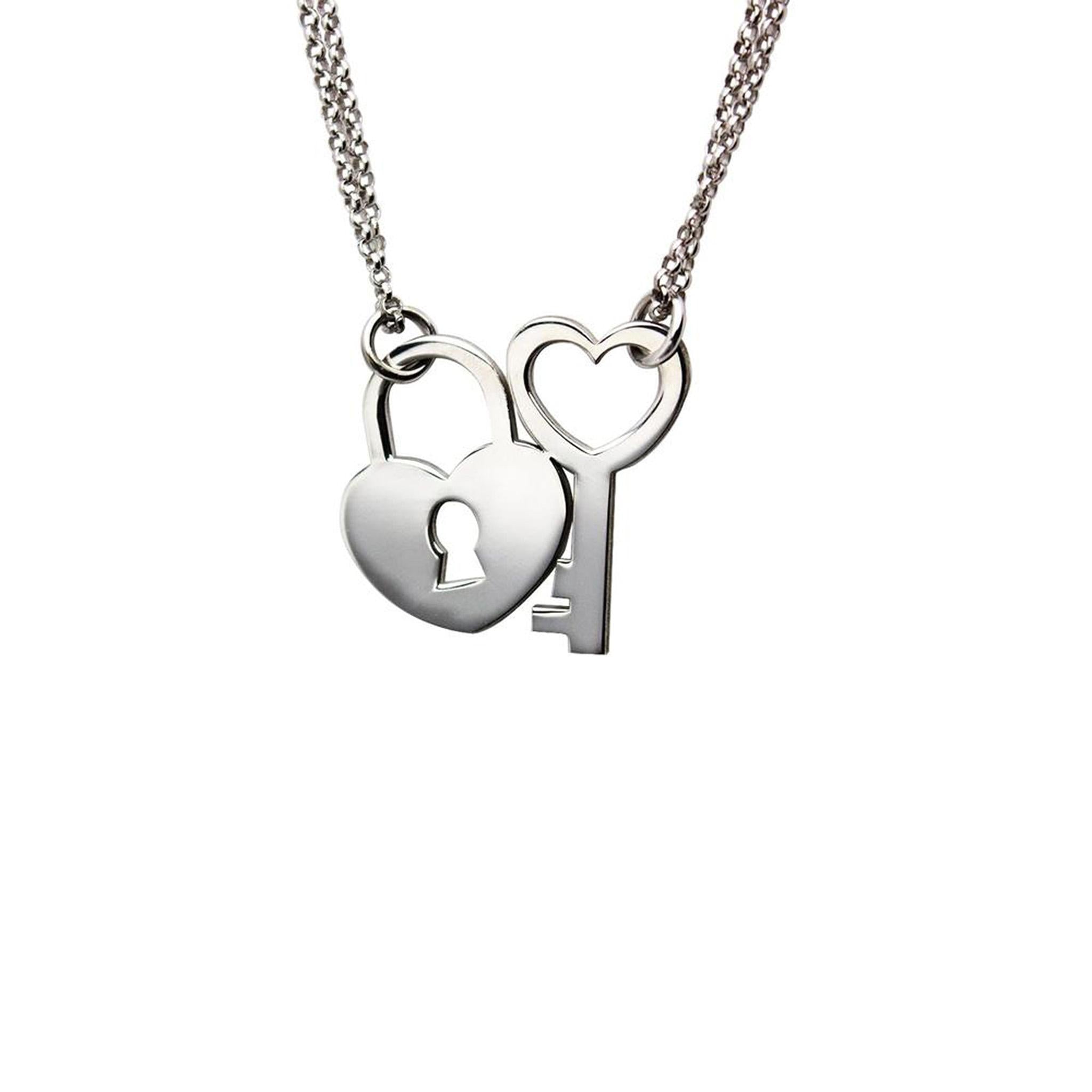 Collana Coppia con Lucchetto e Chiave a Cuore in Argento 925 Rodiato