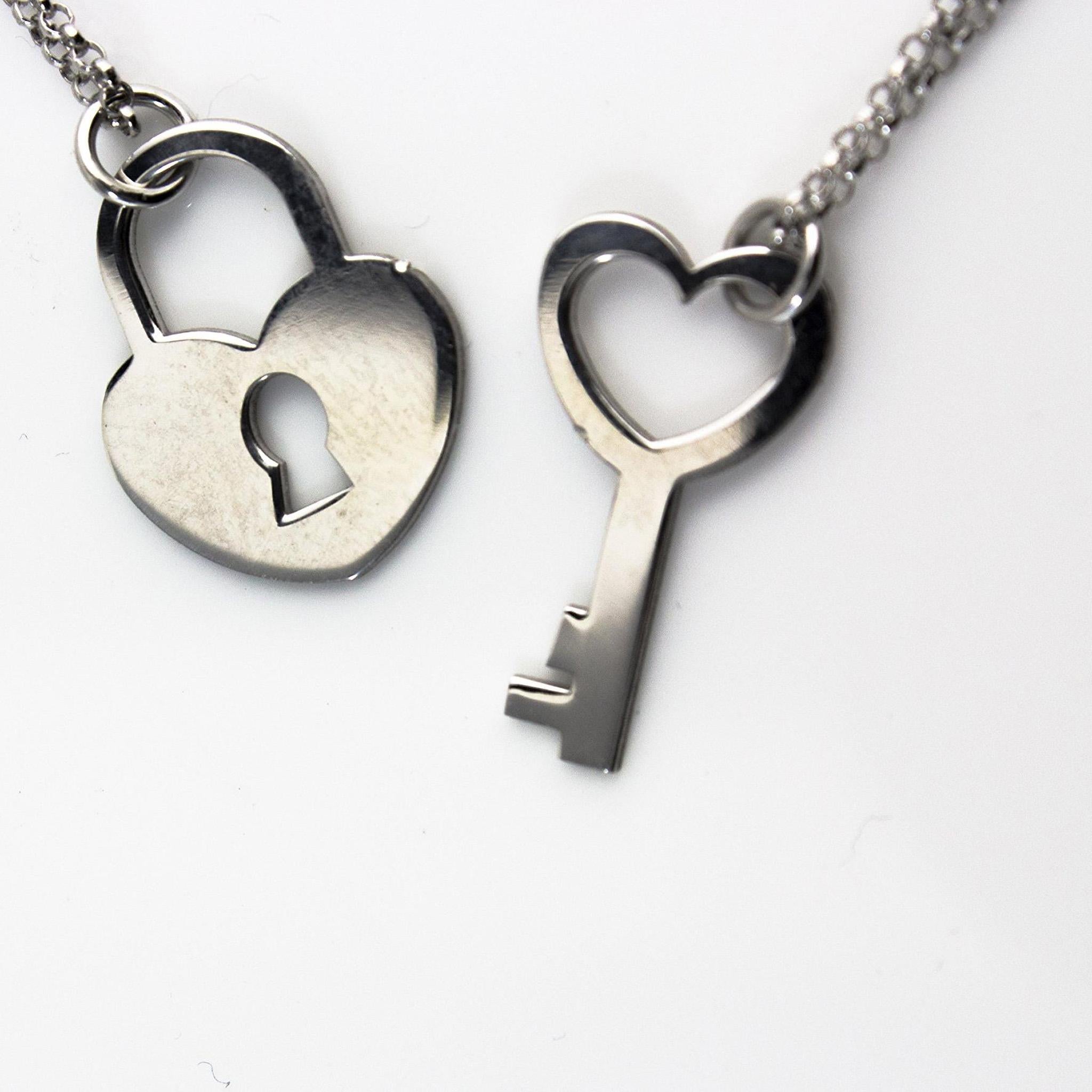Collana Coppia con Lucchetto e Chiave a Cuore in Argento 925 Rodiato